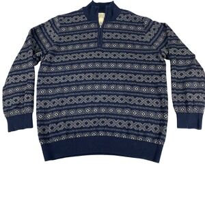 LL Bean Mens Cotton Cashmere Quarter Zip Sweater Navy Geometric Fair Isle XL